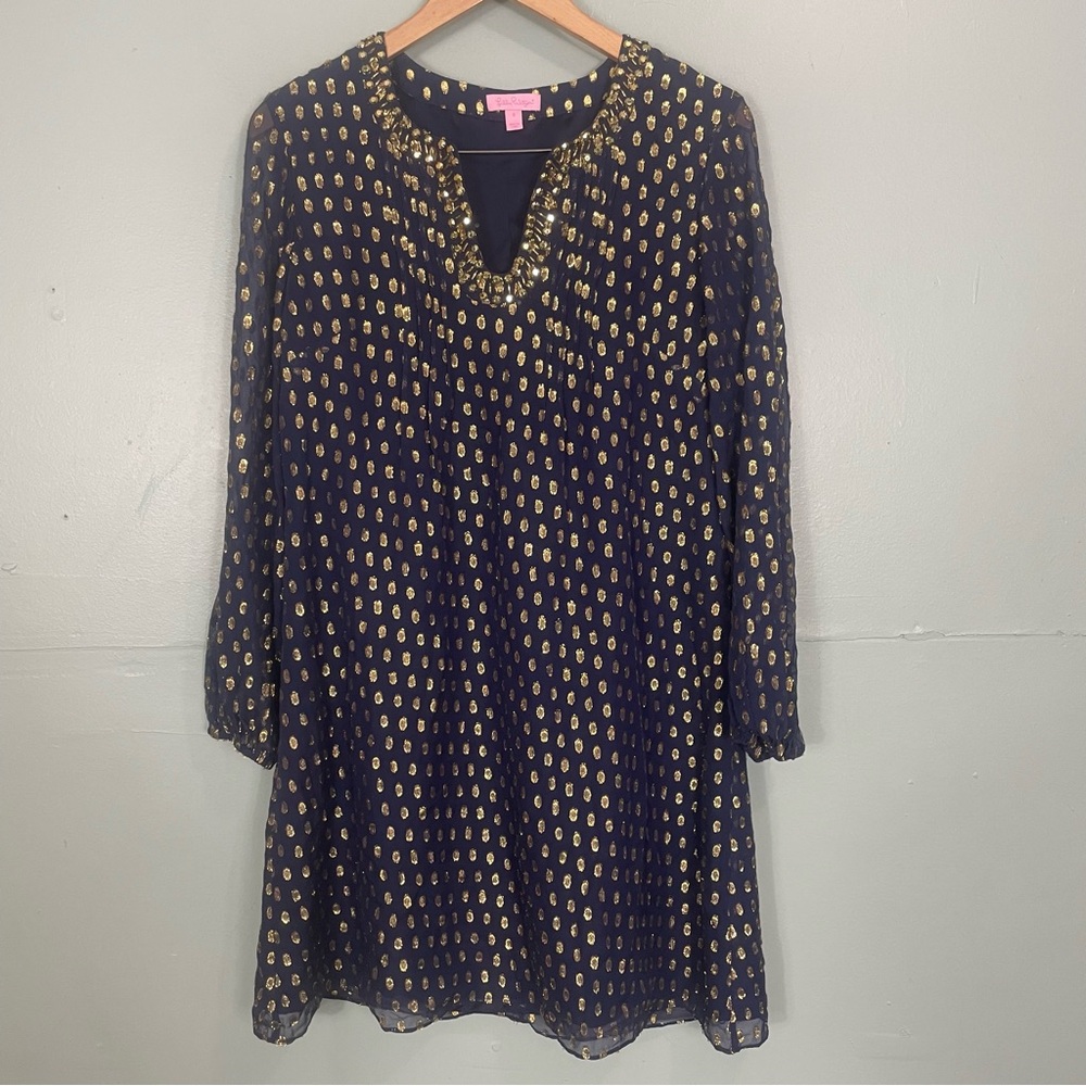 Lilly Pulitzer Crinkle Clip Silk Jacquard Gold Metallic Dress Mini Navy Sz 8 - Picture 2 of 11
